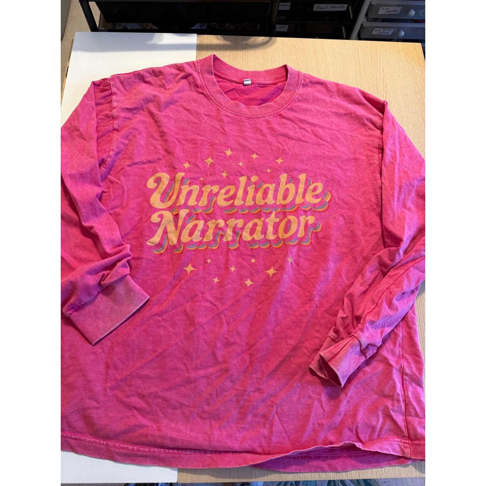 Unreliable Narrator Graphic Long Sleeve T-Shirt Pink Cotton XL Literary Tee